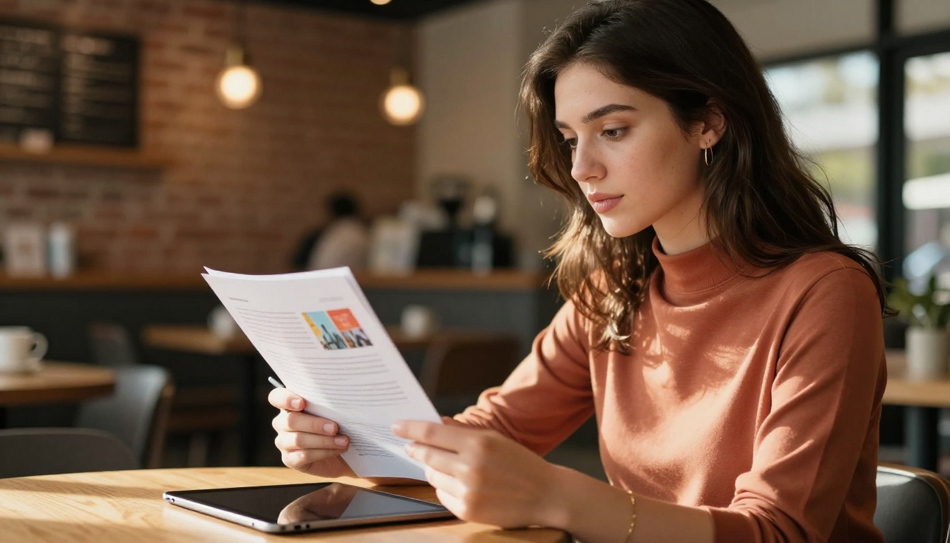 Young woman at a coffee shop reviewing a colorful printed document while working on a tablet beside her Young woman at a coffee shop reviewing a colorful printed document while working on a tablet beside her