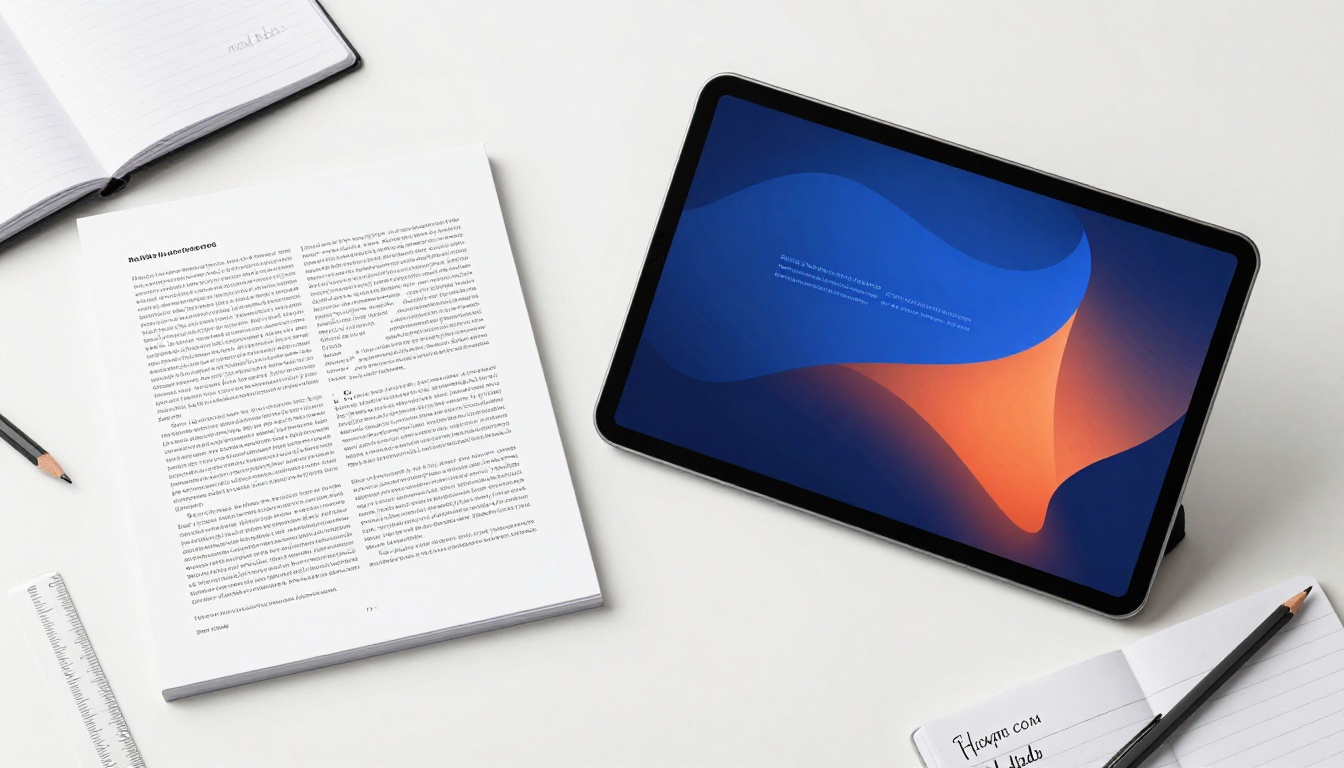 Aerial flat-lay showing a printed PDF alongside a tablet displaying the same content as a vivid colorful flipbook