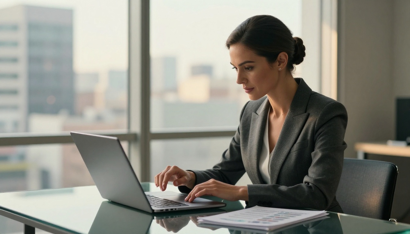 Real estate agent in charcoal suit reviewing a property brochure flipbook on her laptop at a glass desk, cityscape window behind her Real estate agent in charcoal suit reviewing a property brochure flipbook on her laptop at a glass desk, cityscape window behind her