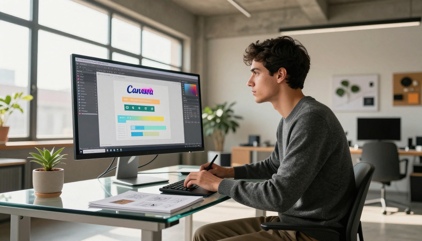 A focused young man at a modern standing desk looking intently at a colorful Canva design interface, afternoon sunlight from the left