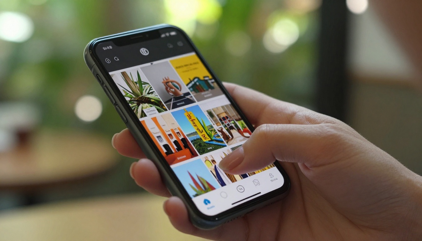 Close-up of a smartphone displaying a mobile flipbook at an outdoor cafe, warm sunlight, green foliage bokeh background Close-up of a smartphone displaying a mobile flipbook at an outdoor cafe, warm sunlight, green foliage bokeh background