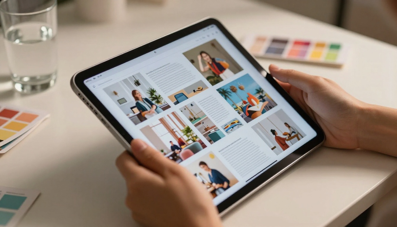 Close-up of elegant hands holding an iPad Pro showing a colorful digital magazine with a page-flip effect visible at the corner Close-up of elegant hands holding an iPad Pro showing a colorful digital magazine with a page-flip effect visible at the corner