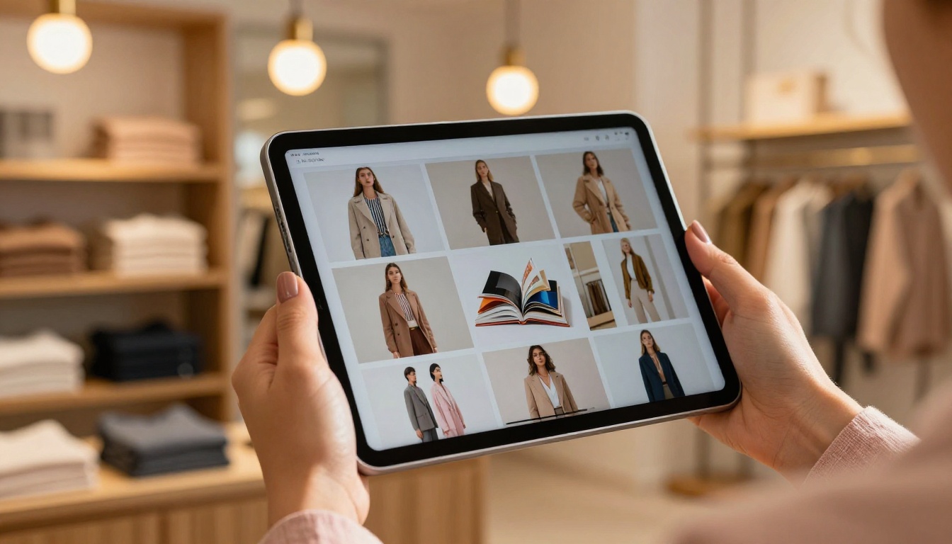 A woman holding a tablet showing a stunning digital product catalog flipbook in an upscale boutique, golden afternoon light