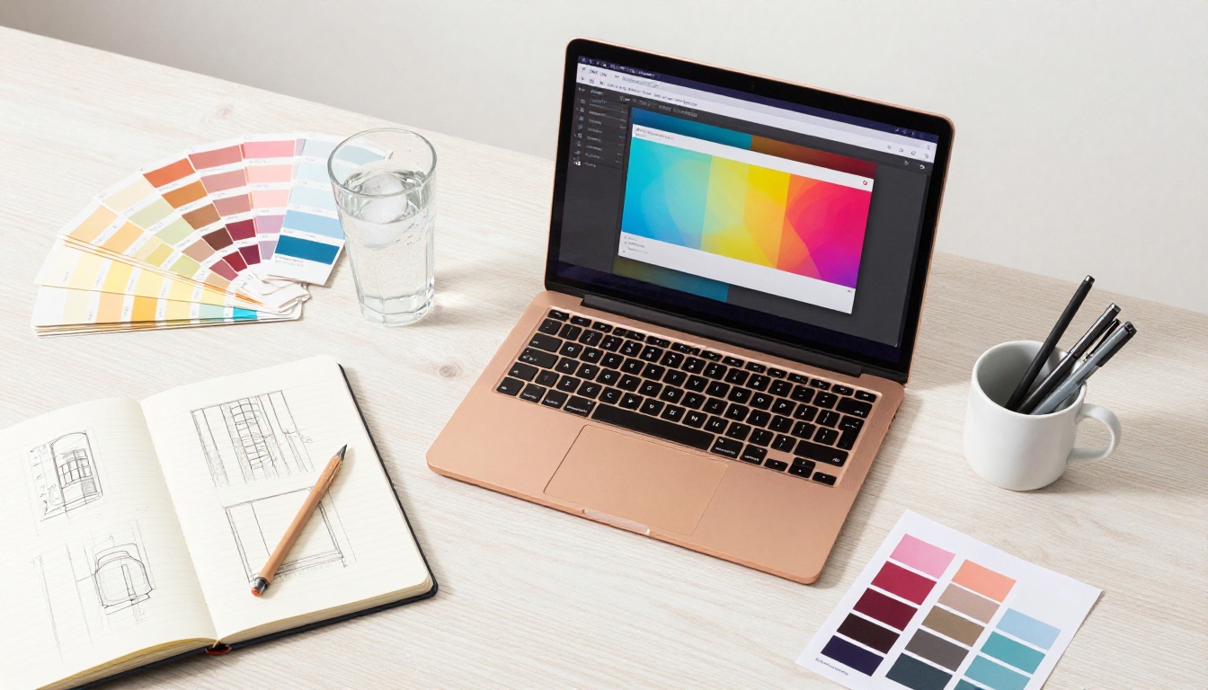 Flat-lay aerial view of a creative design workspace with a MacBook, Pantone swatches, sketches, and fine-liner pens Flat-lay aerial view of a creative design workspace with a MacBook, Pantone swatches, sketches, and fine-liner pens