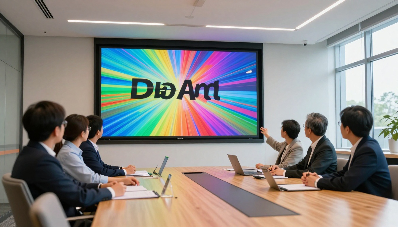 Low-angle view of a large presentation screen in a bright modern conference room displaying a vivid digital flipbook