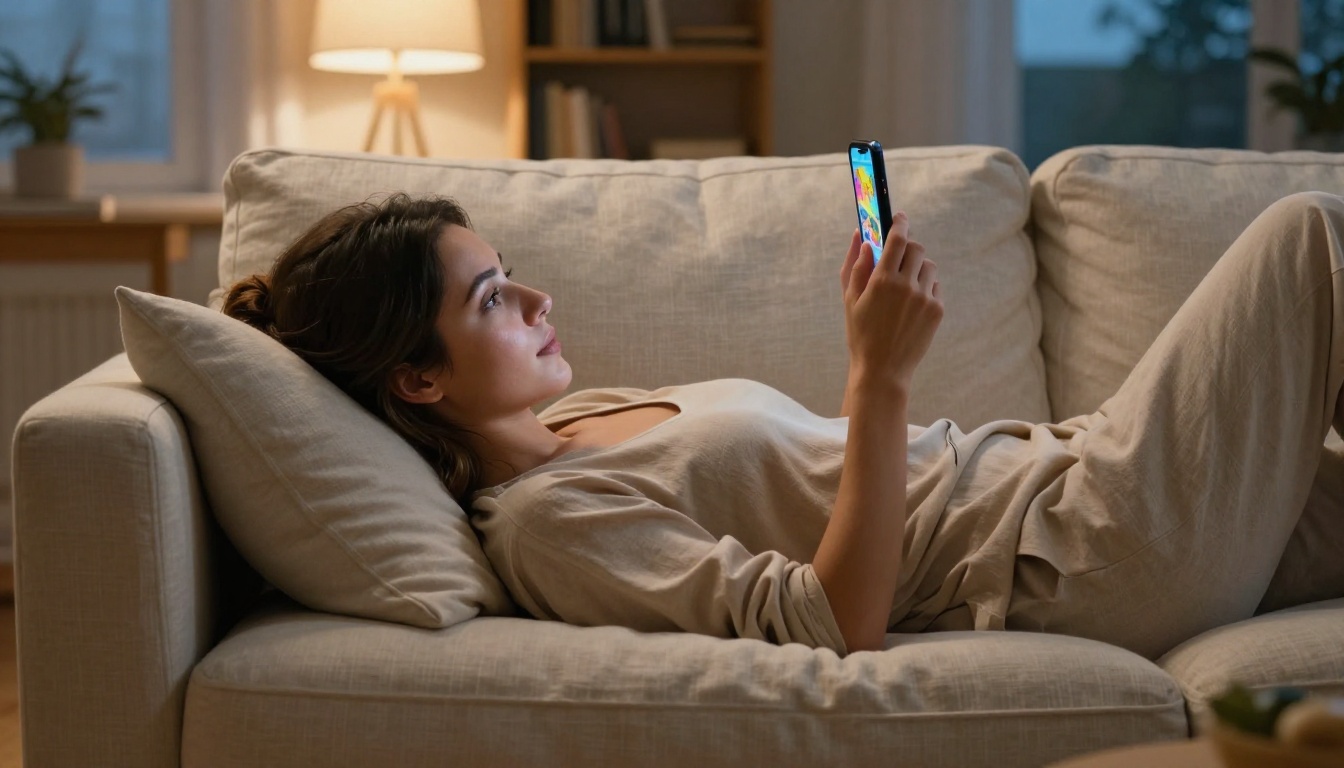 A woman relaxing on a cream linen sofa scrolling through a digital flipbook on her smartphone in warm evening light