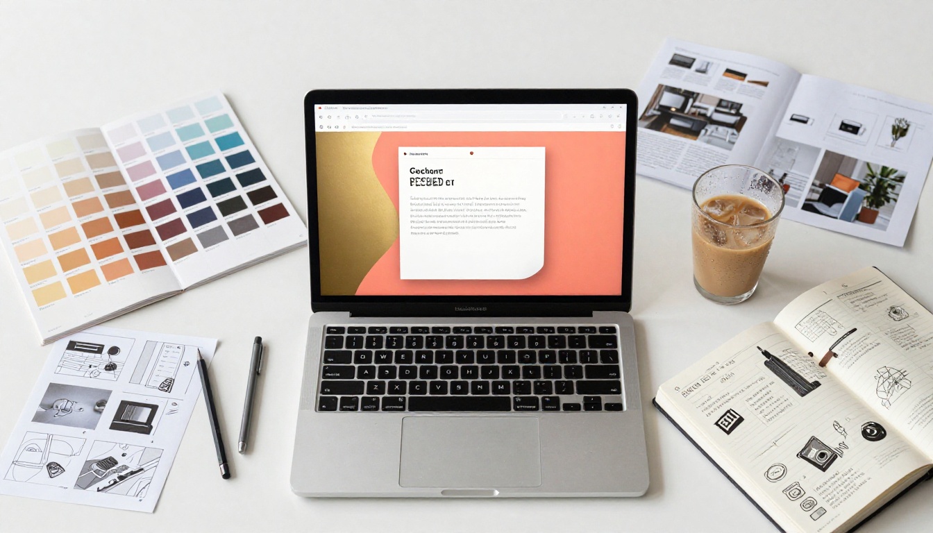 Aerial overhead creative workspace with a laptop showing a flipbook surrounded by Pantone swatches, sketchbook, pencils, and iced coffee