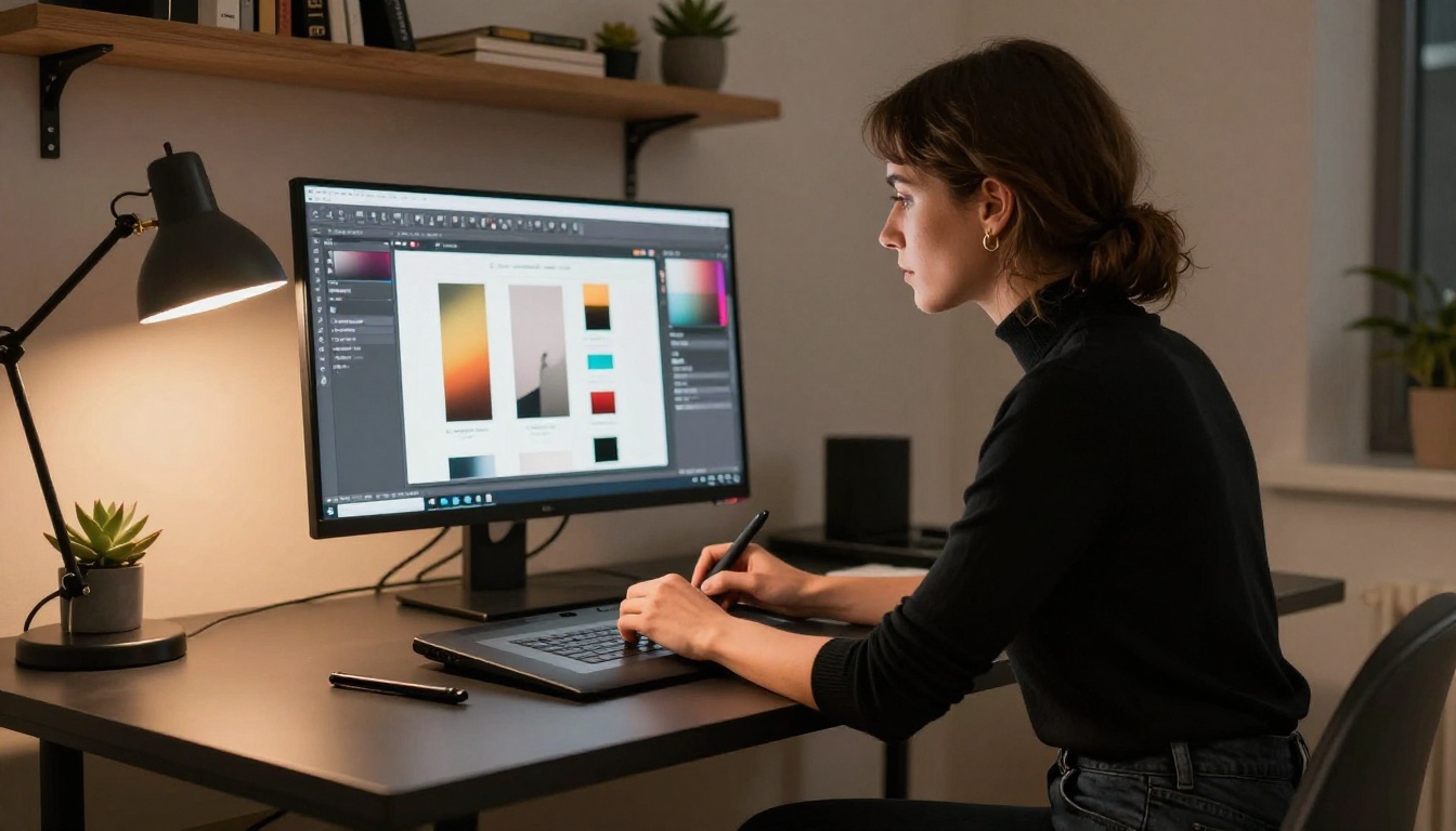 Graphic designer at a standing desk working on brand colors and typography on a large monitor with warm studio lighting Graphic designer at a standing desk working on brand colors and typography on a large monitor with warm studio lighting