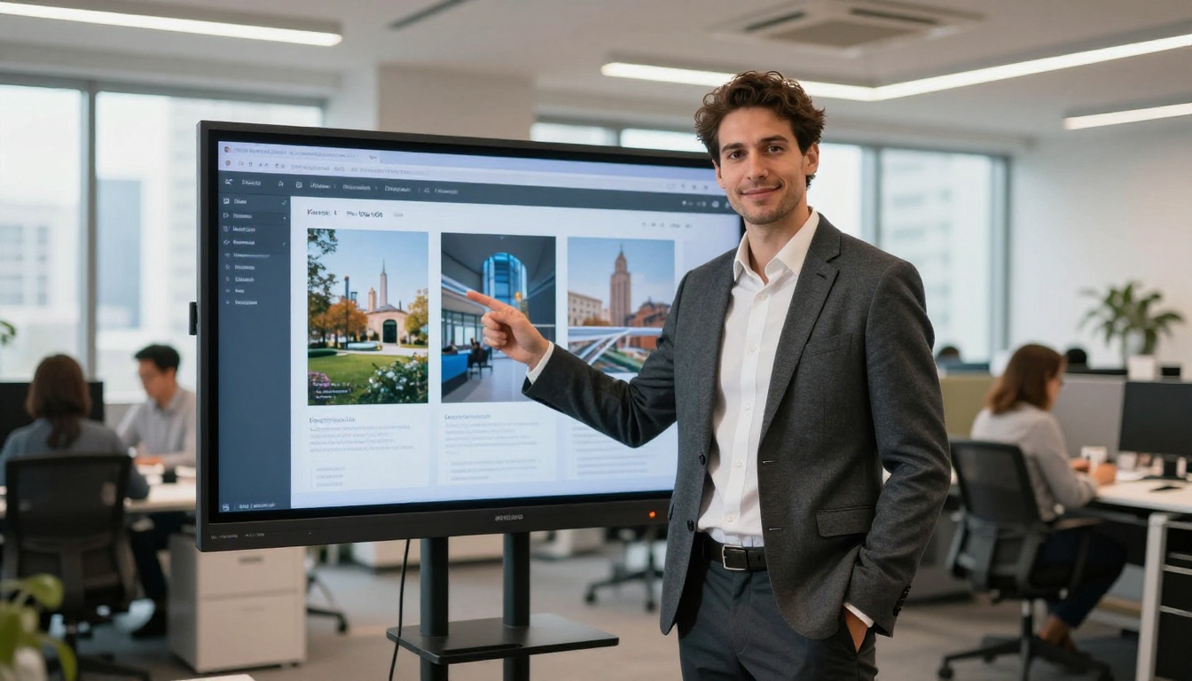Professional man presenting a published digital publication on a wall-mounted screen in a bright modern open-plan office Professional man presenting a published digital publication on a wall-mounted screen in a bright modern open-plan office