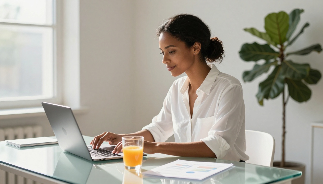 Woman reviewing analytics data on a laptop at a minimalist modern desk, morning light from a large window Woman reviewing analytics data on a laptop at a minimalist modern desk, morning light from a large window