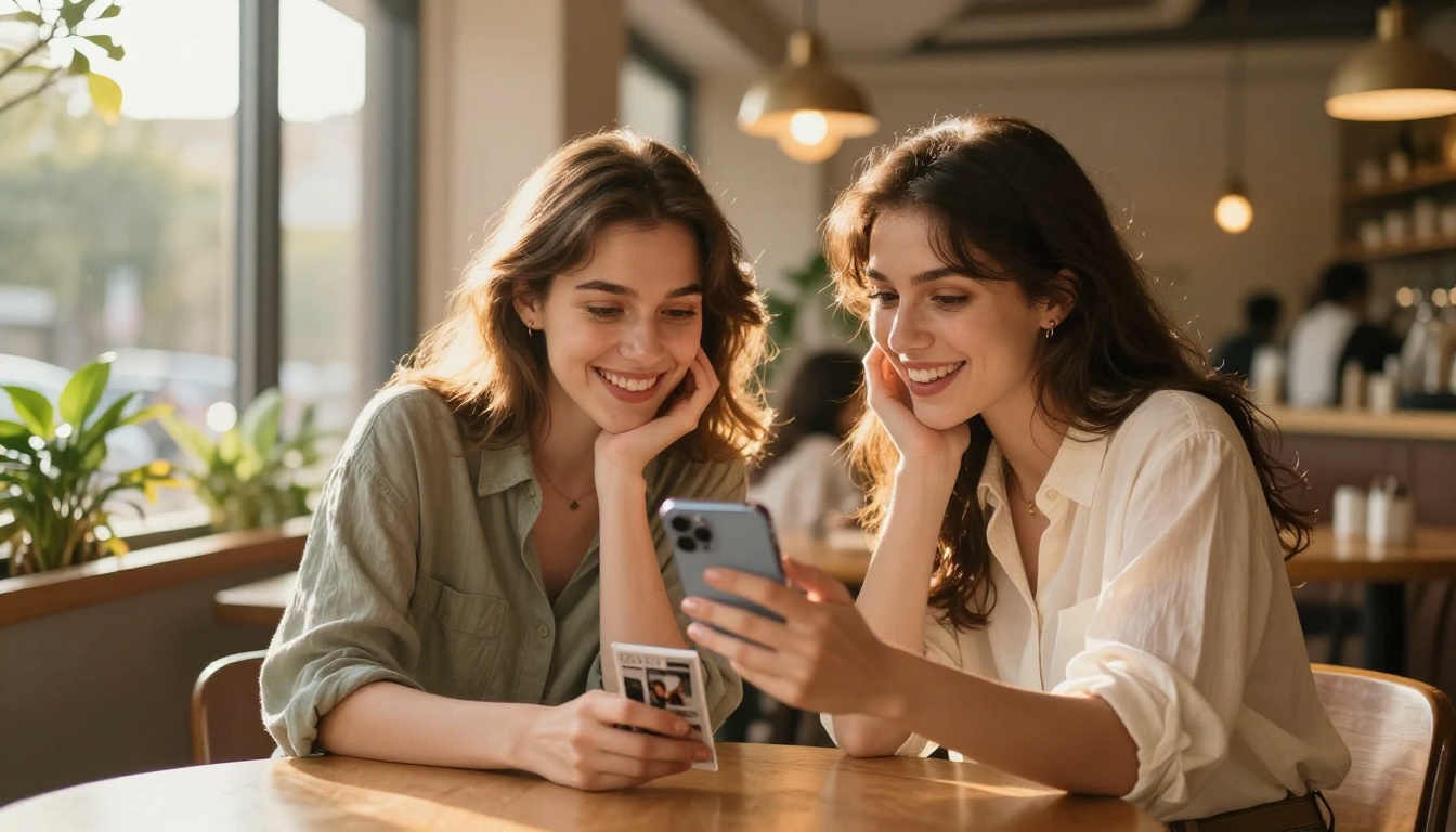 Two women at a cafe window sharing a digital flipbook on a phone, both smiling with genuine delight in warm afternoon light Two women at a cafe window sharing a digital flipbook on a phone, both smiling with genuine delight in warm afternoon light