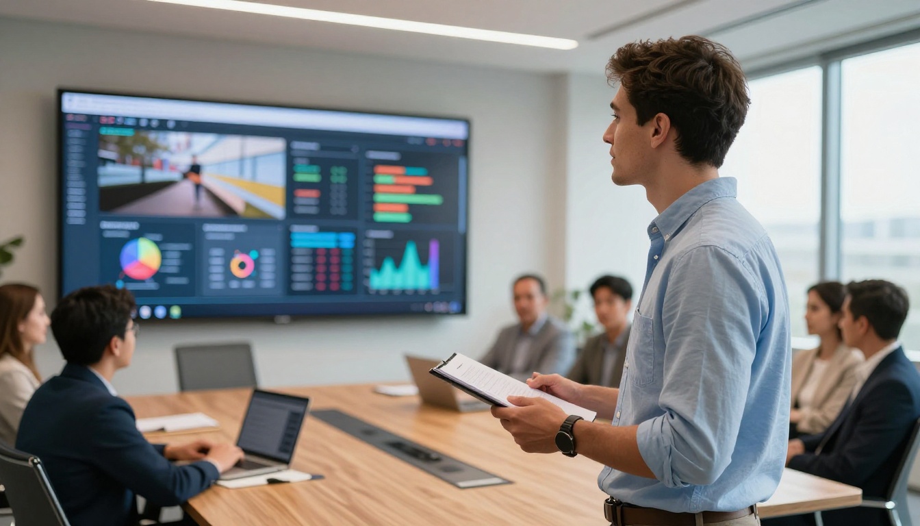 Man presenting on a conference room monitor displaying a vivid digital flipbook presentation Man presenting on a conference room monitor displaying a vivid digital flipbook presentation