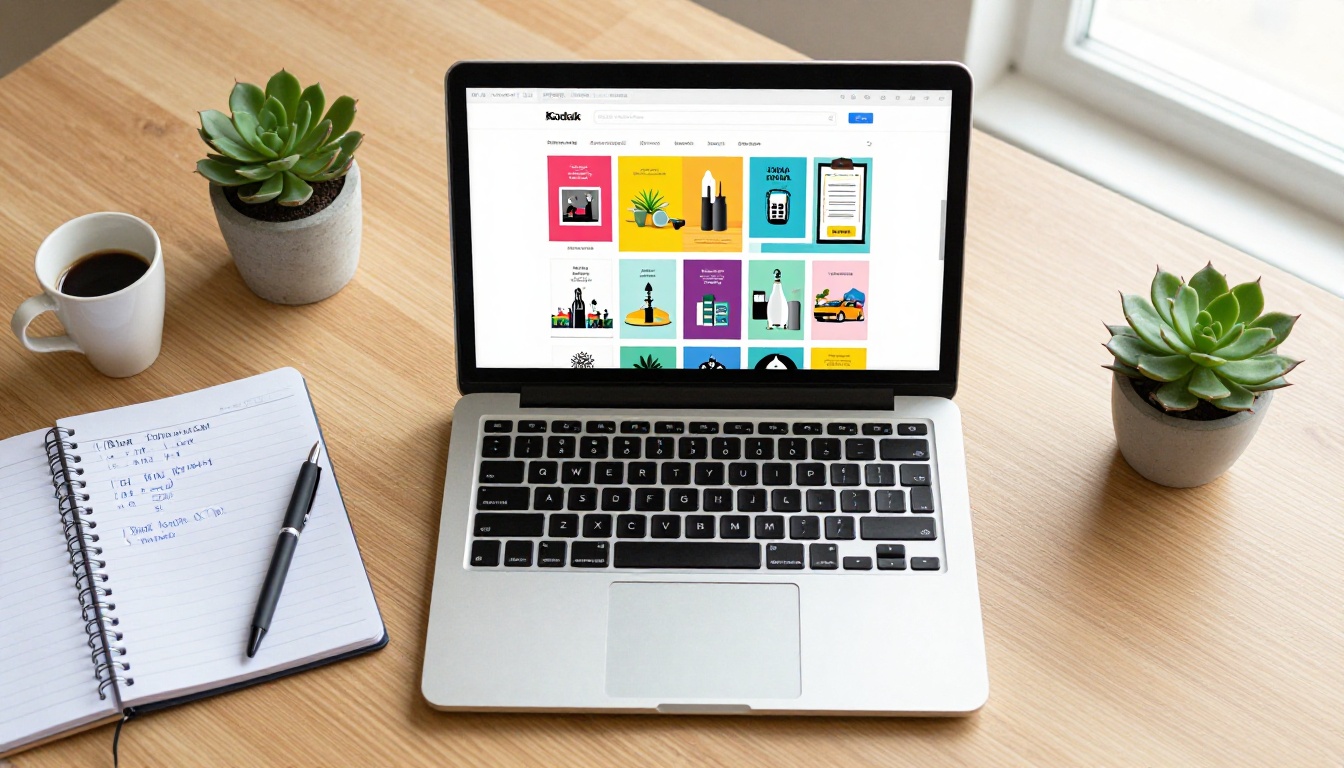 Overhead flat lay of a laptop showing a flipbook templates grid surrounded by a notebook and coffee Overhead flat lay of a laptop showing a flipbook templates grid surrounded by a notebook and coffee