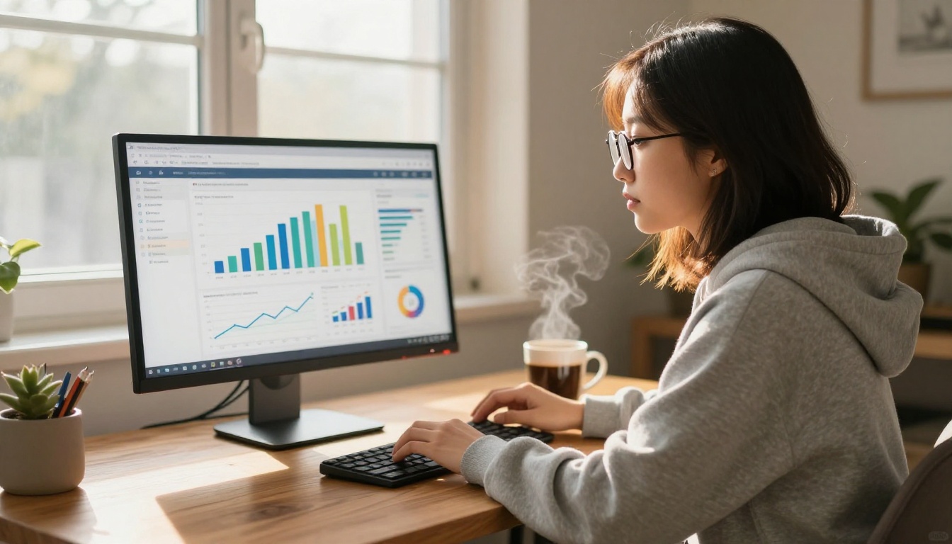 Young woman at home desk reviewing analytics on an ultrawide monitor with morning light streaming in Young woman at home desk reviewing analytics on an ultrawide monitor with morning light streaming in