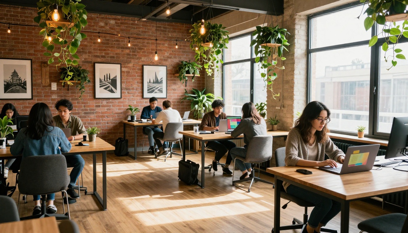 Wide shot of a modern co-working space with young professionals working on laptops in warm afternoon light Wide shot of a modern co-working space with young professionals working on laptops in warm afternoon light