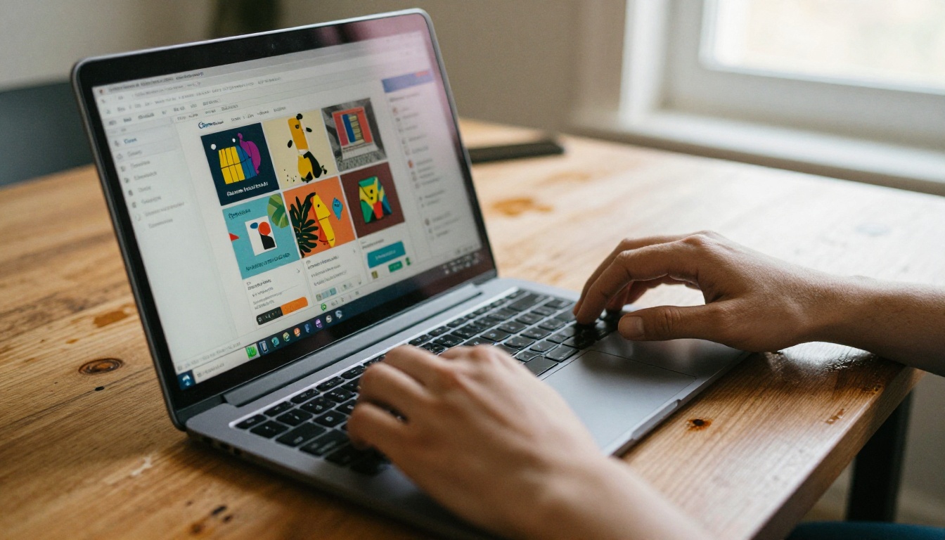Designer working at laptop with Canva export interface visible on screen