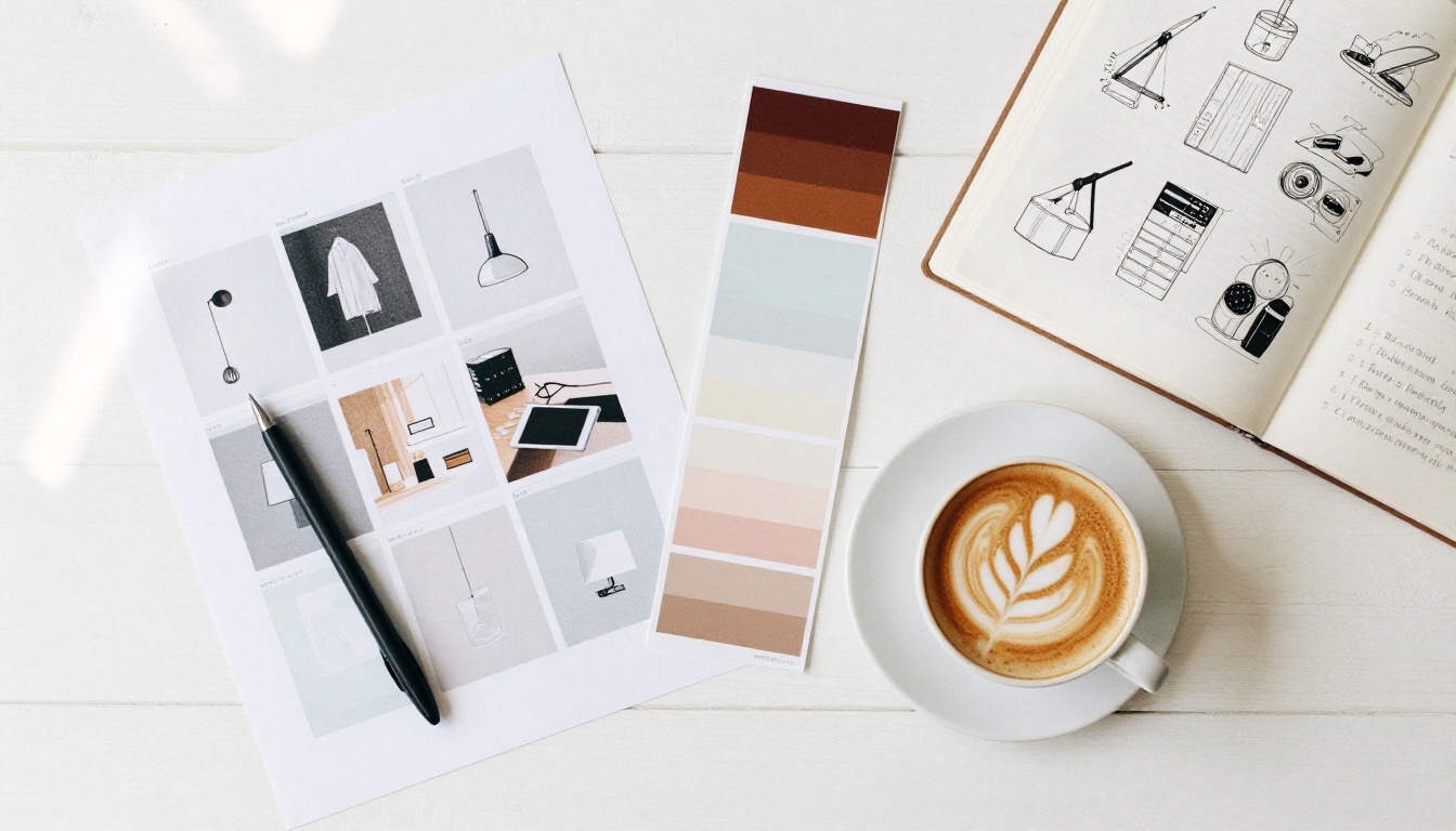 Flat lay designer workspace with printed PDF, color swatches, and notebook