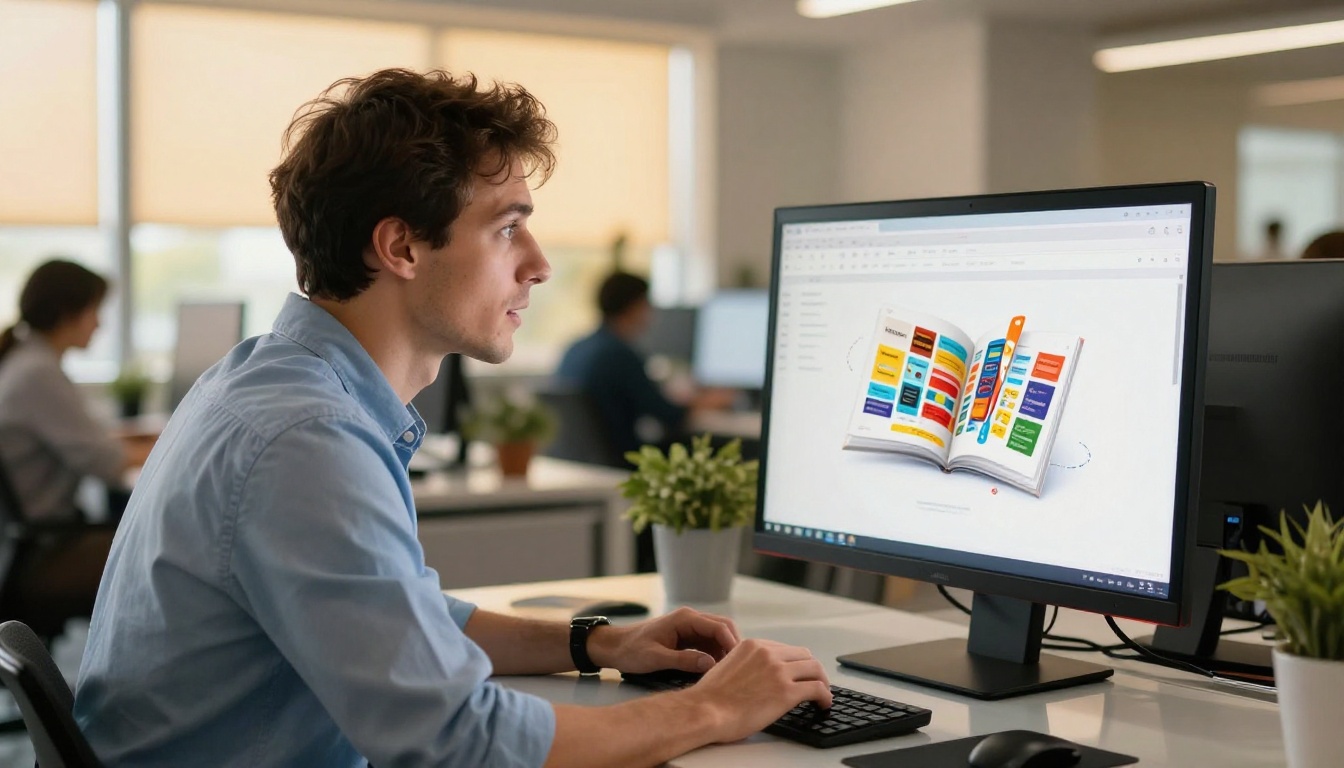 Man reviewing digital flipbook on large widescreen monitor in modern office