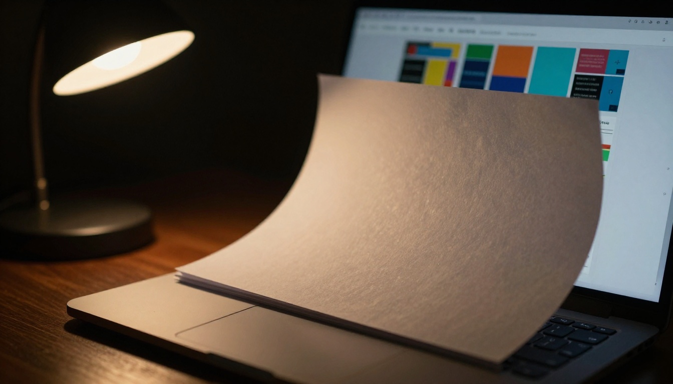 Close-up of laptop screen with page curling mid-flip, casting realistic shadow