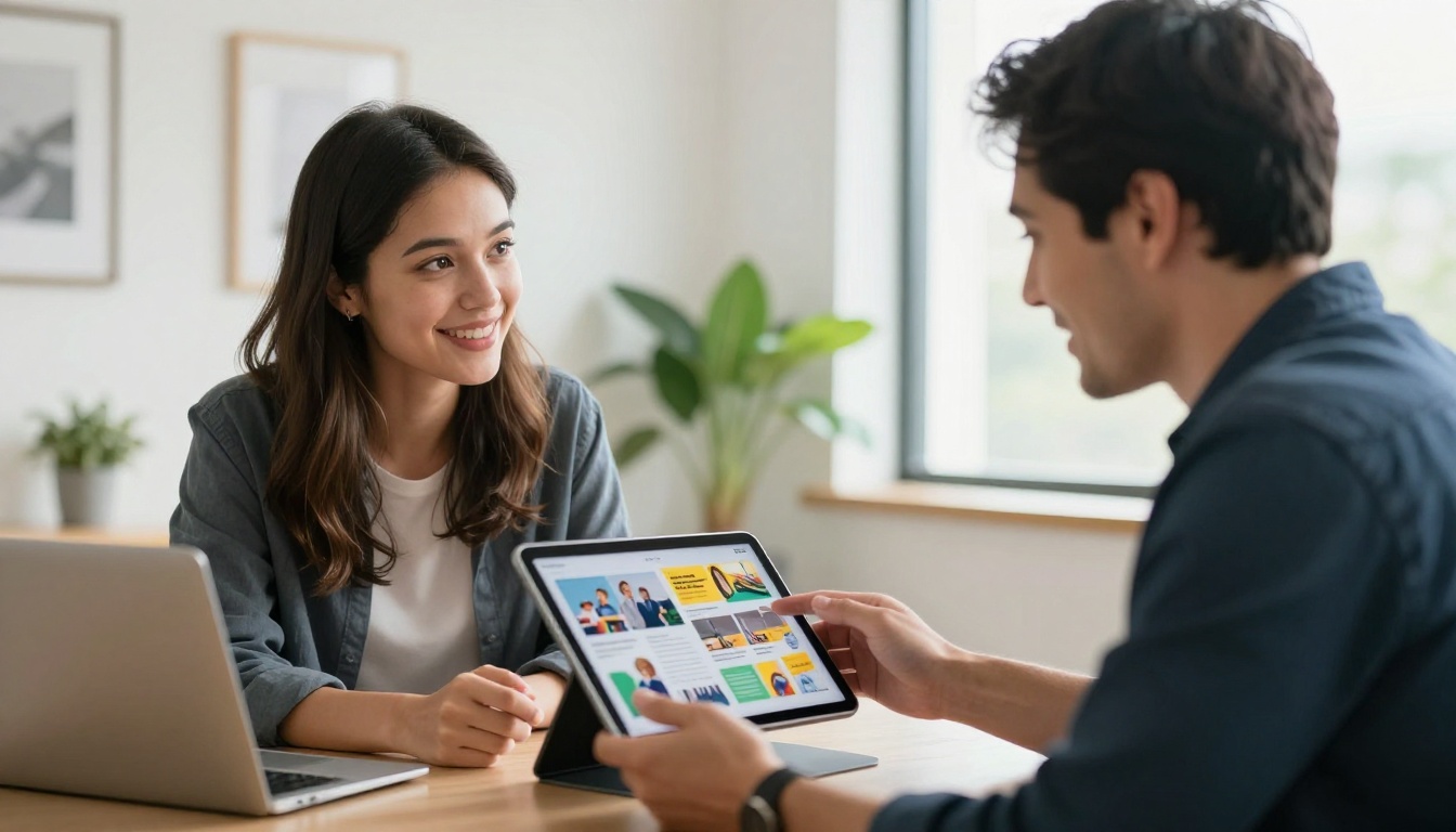 Woman presenting tablet with flipbook to colleague in bright modern meeting room