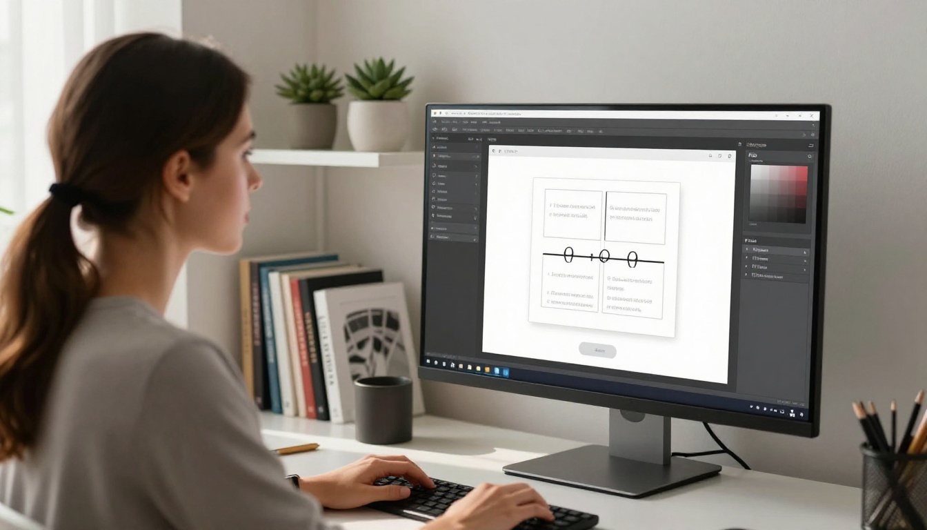 Female designer at ultrawide monitor showing flipbook converter upload interface