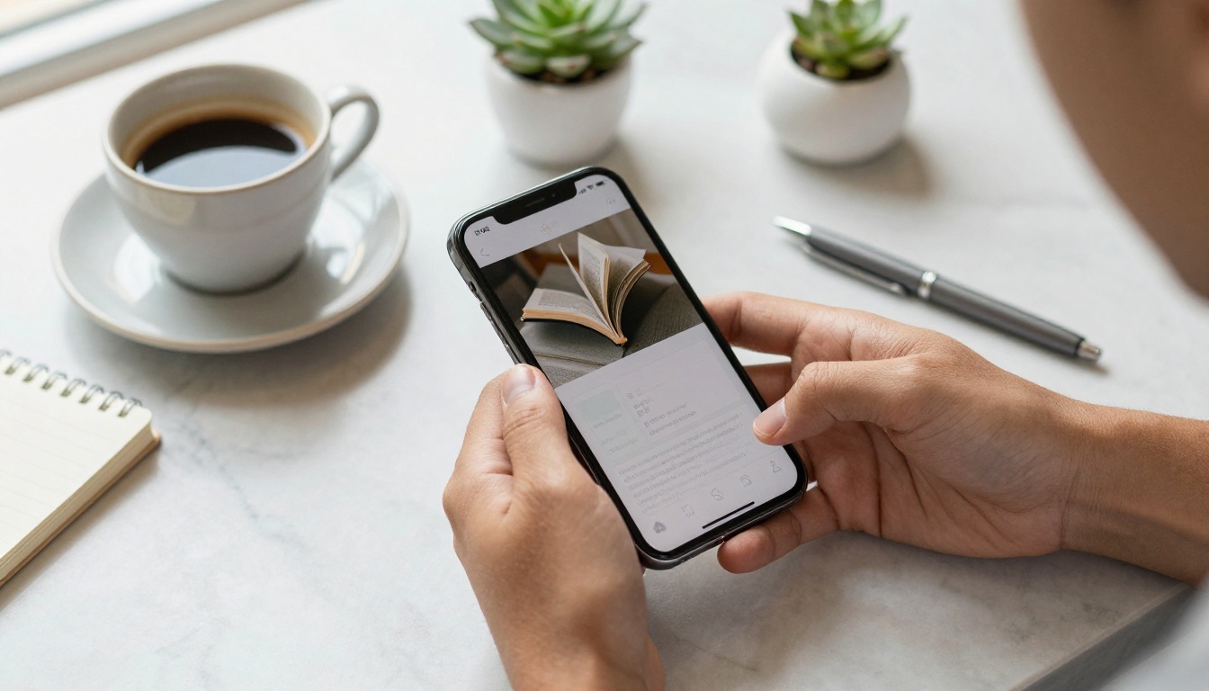 Aerial view of hands holding smartphone with mobile flipbook on marble table