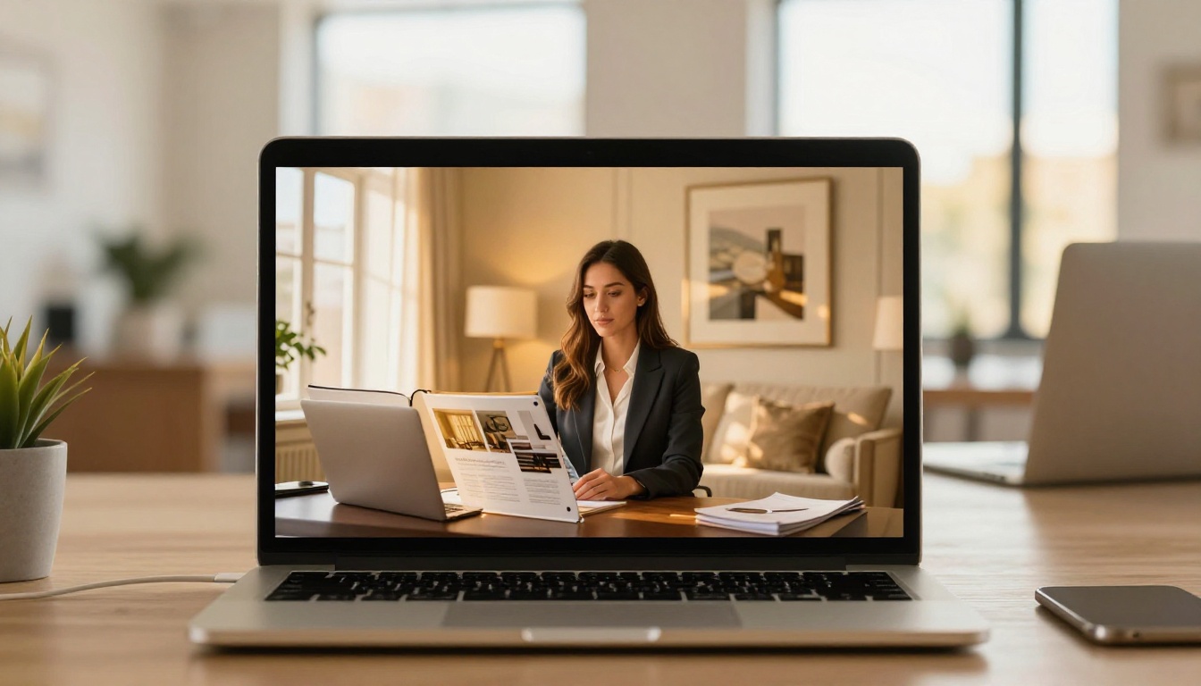 Real estate flipbook on laptop with blurred agent in background, warm afternoon light