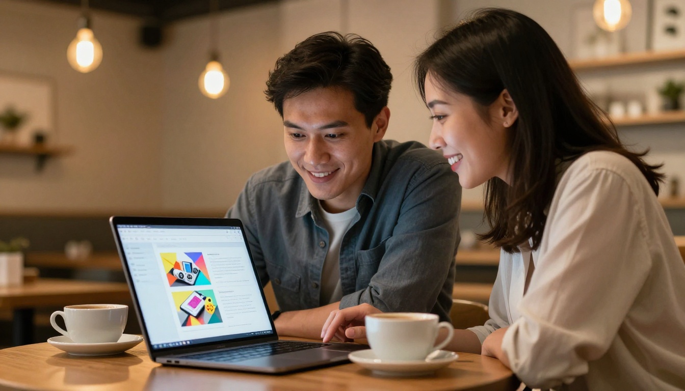 Two colleagues reviewing a colorful flipbook together on a laptop in a warm cafe