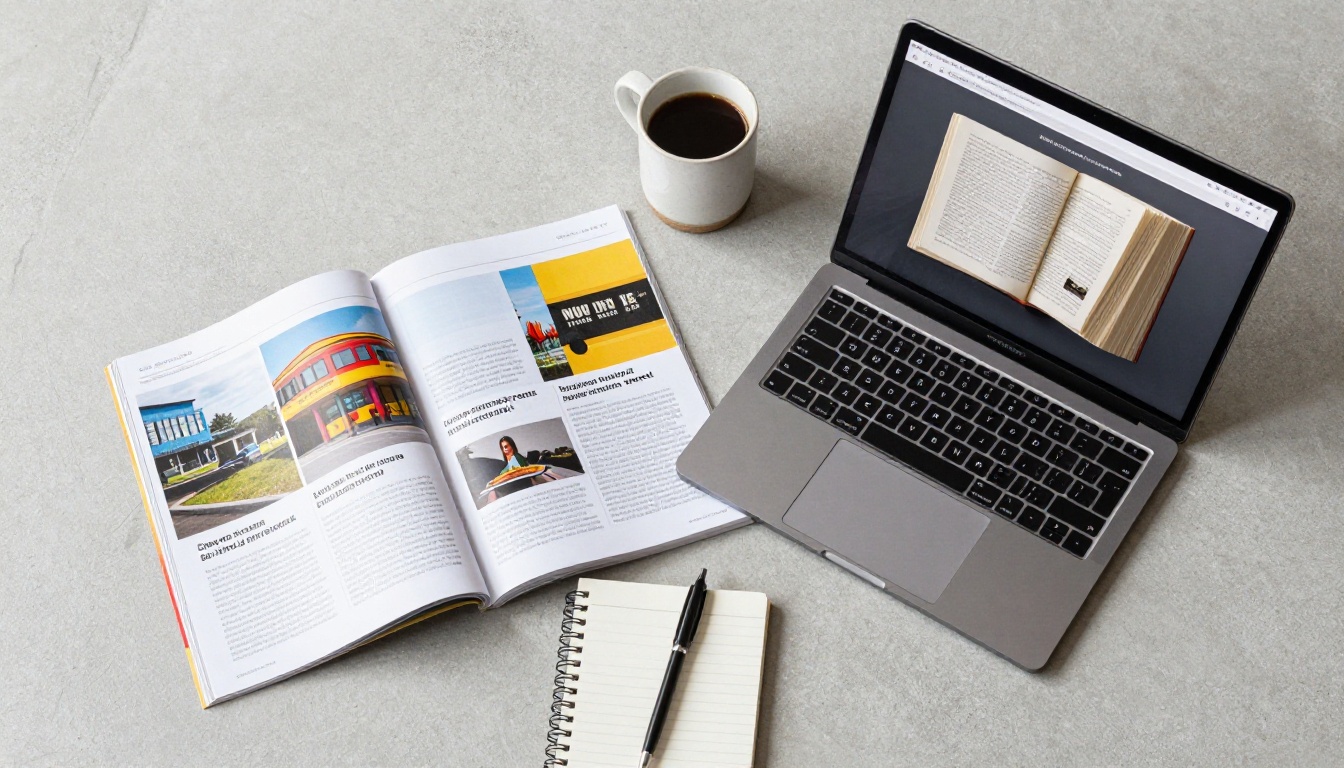 Aerial flat lay workspace showing printed magazine beside digital flipbook on laptop screen