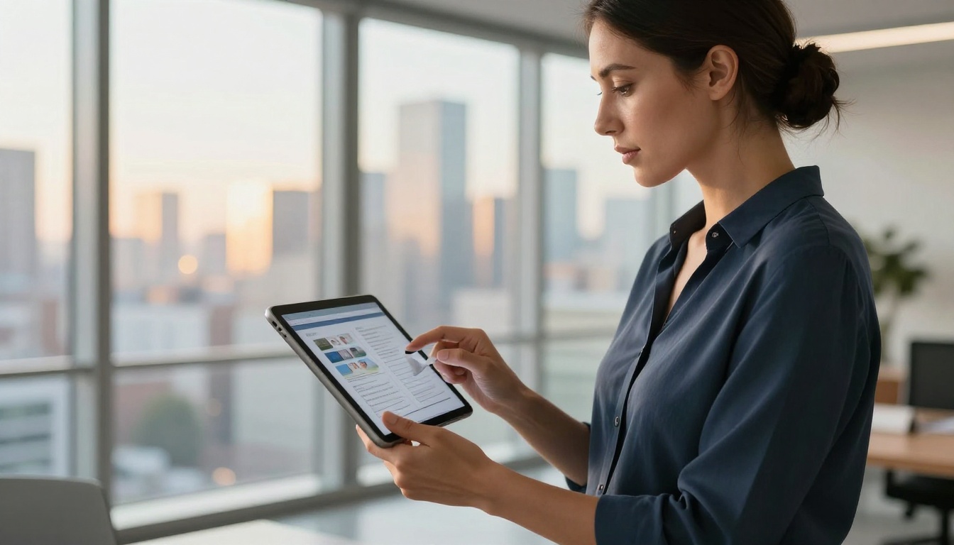 Professional woman in modern office viewing interactive flipbook on tablet
