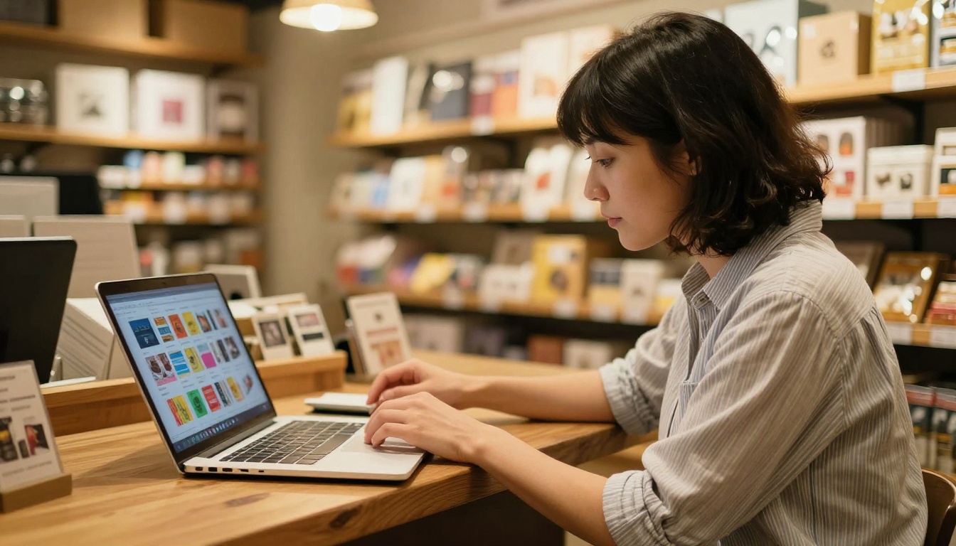 Retail shop owner reviewing a digital product catalog flipbook on laptop at wooden counter