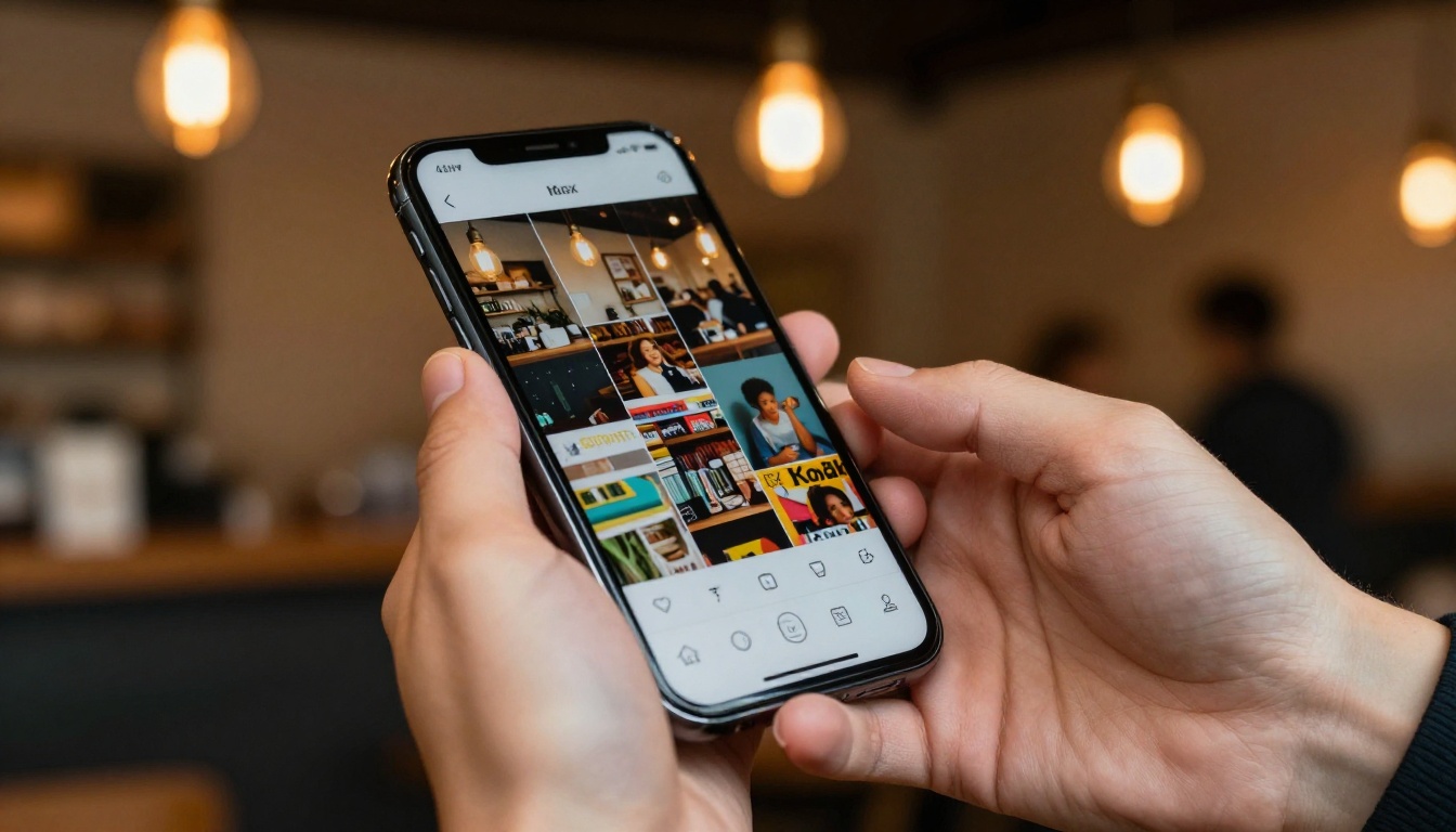 Smartphone displaying a mobile-optimized flipbook in a warm coffee shop setting