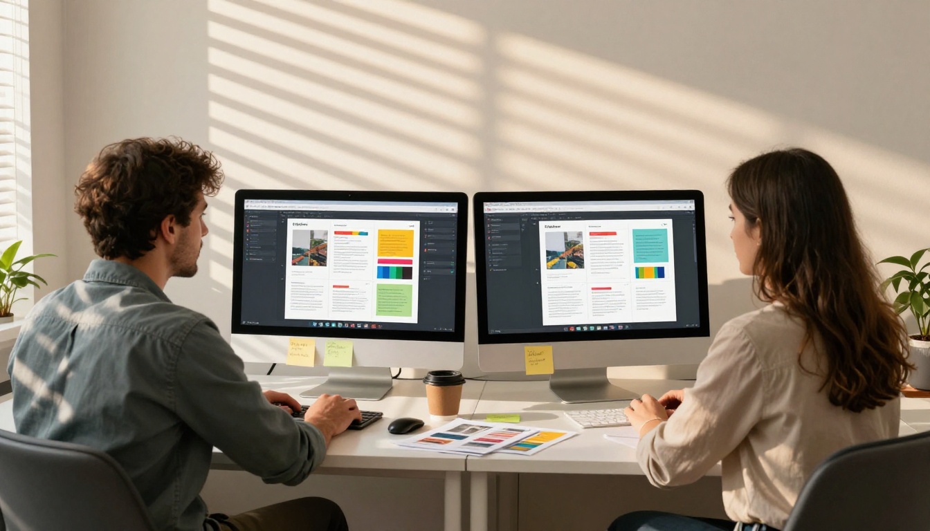 Two design agency colleagues reviewing a digital brochure in flipbook format on dual monitors