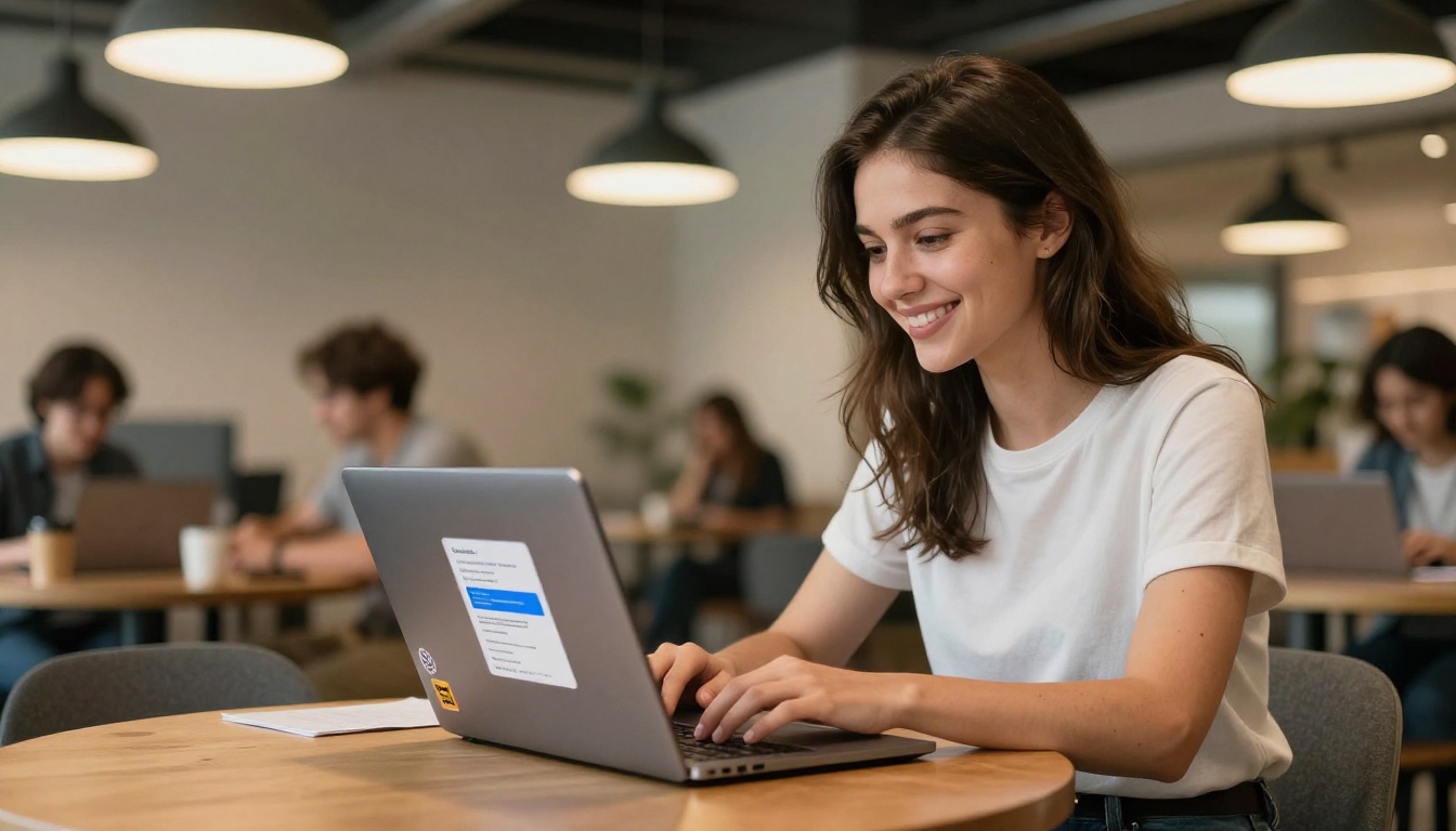 Woman at a co-working space sharing a flipbook link from her laptop with a smile