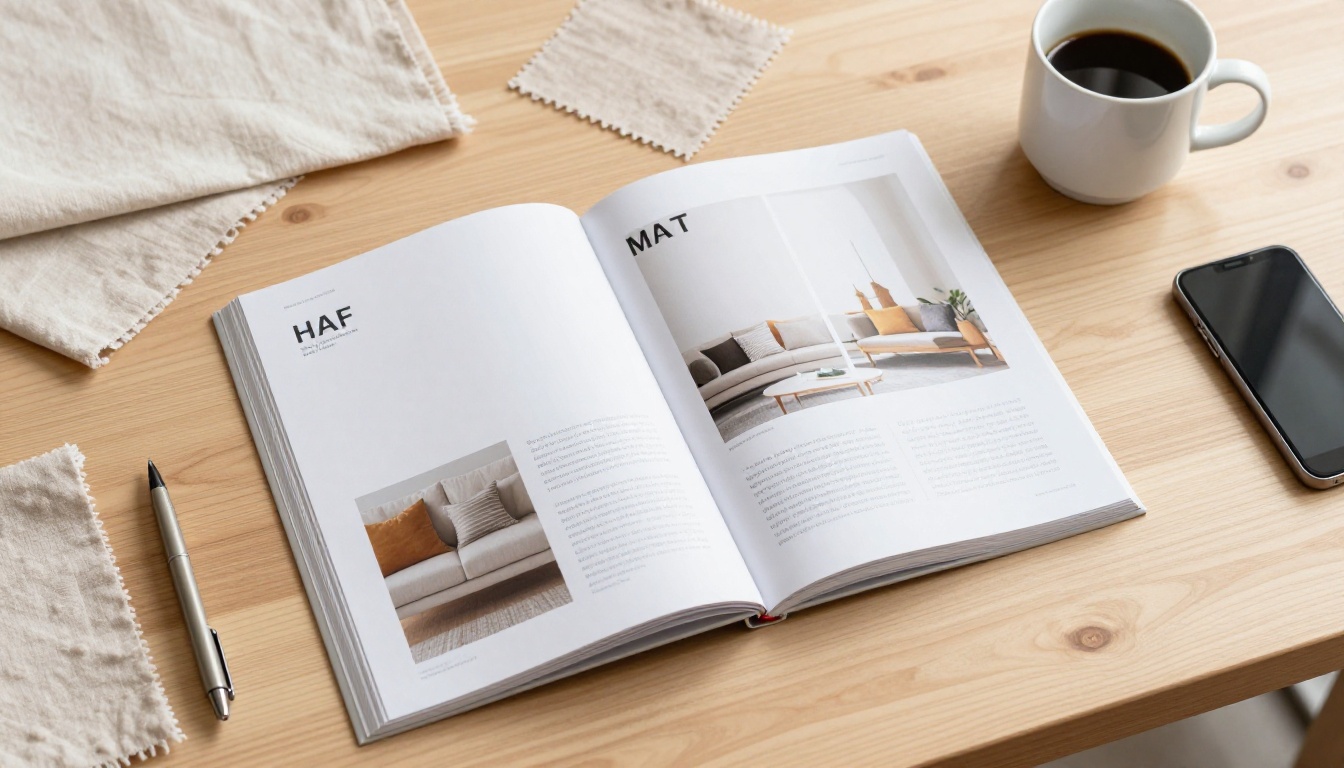 Aerial flat lay of product catalog on wooden table with design swatches Aerial flat lay of product catalog on wooden table with design swatches