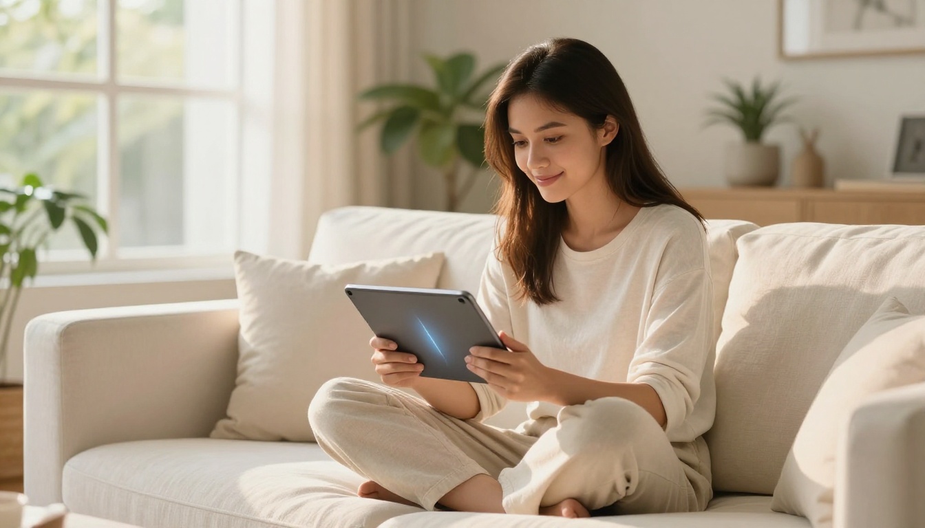 Woman on sofa swiping through digital catalog flipbook on tablet Woman on sofa swiping through digital catalog flipbook on tablet
