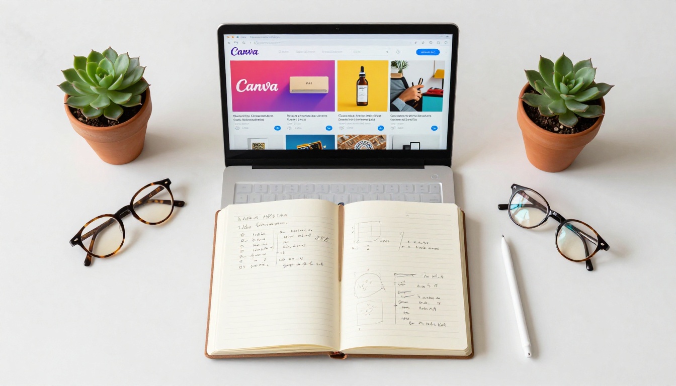 Flat lay of laptop with Canva catalog design, notebook, glasses, and succulent on marble surface Flat lay of laptop with Canva catalog design, notebook, glasses, and succulent on marble surface