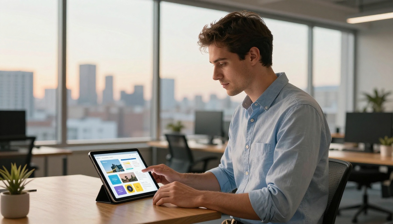 Professional man reviewing digital catalog flipbook on tablet at standing desk Professional man reviewing digital catalog flipbook on tablet at standing desk