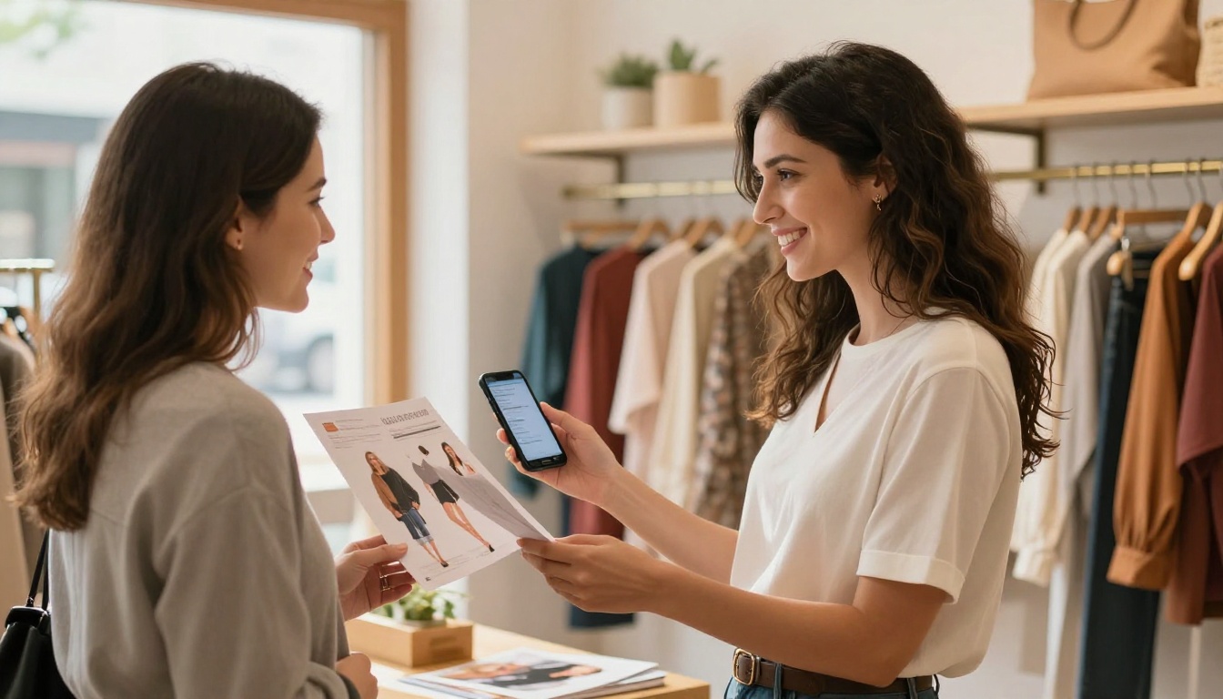 Small business owner in boutique showing digital catalog on phone to customer Small business owner in boutique showing digital catalog on phone to customer