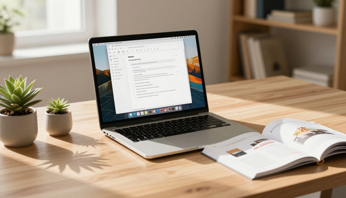 Minimal home office desk with laptop showing PDF export dialog and open catalog Minimal home office desk with laptop showing PDF export dialog and open catalog