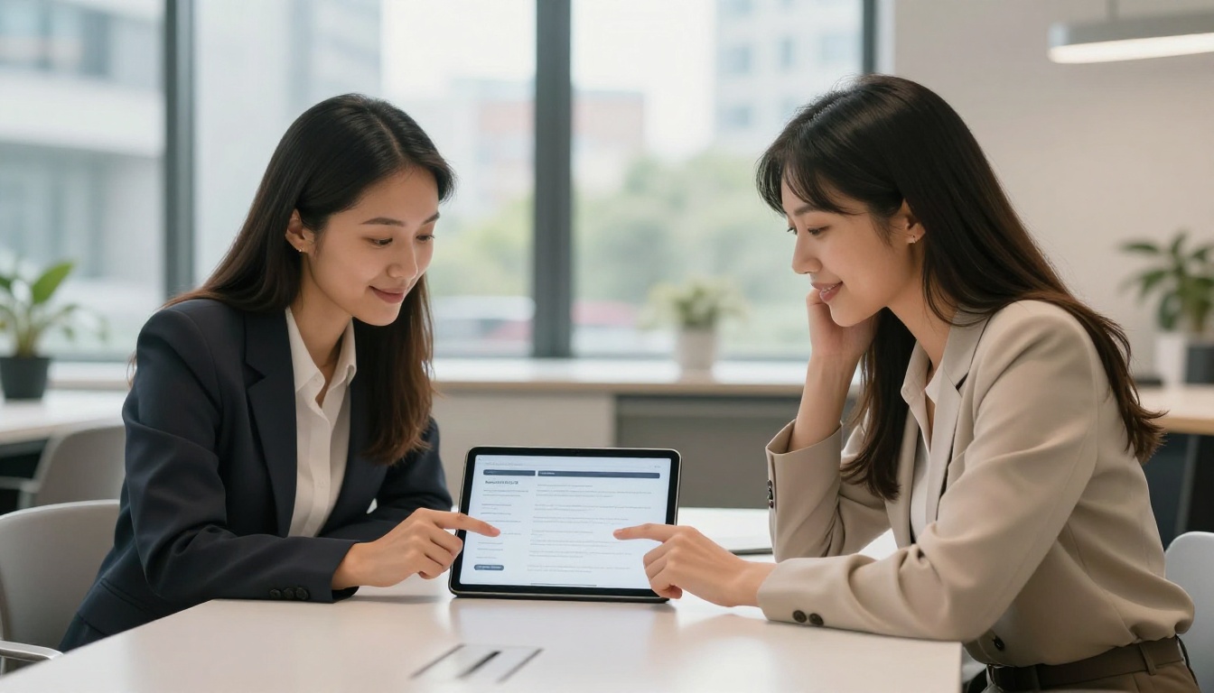 Two business women reviewing interactive catalog flipbook together at conference table Two business women reviewing interactive catalog flipbook together at conference table