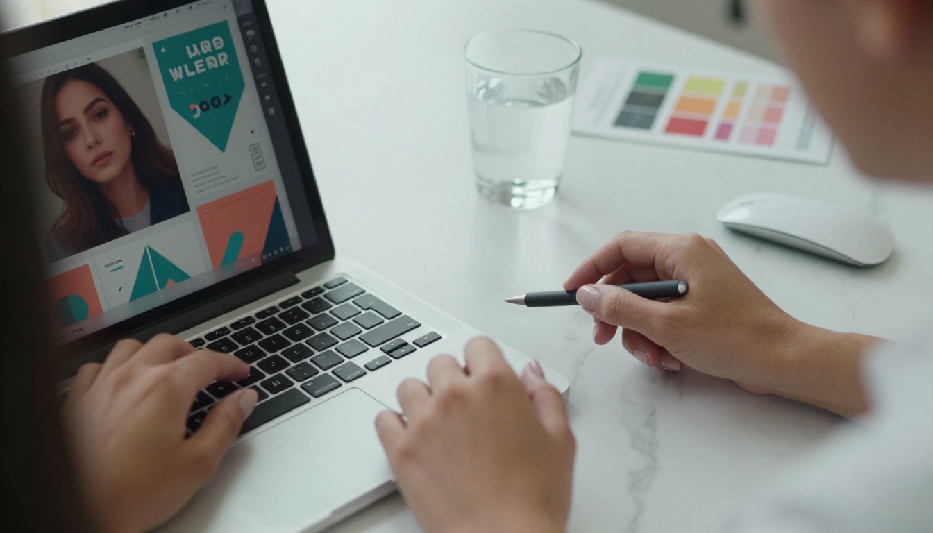 Designer working on a colorful Canva layout at a marble desk