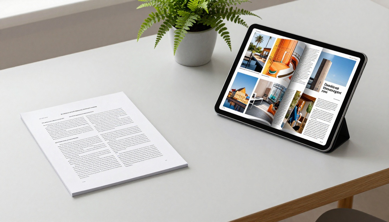 Static PDF document next to an interactive flipbook on a clean office desk