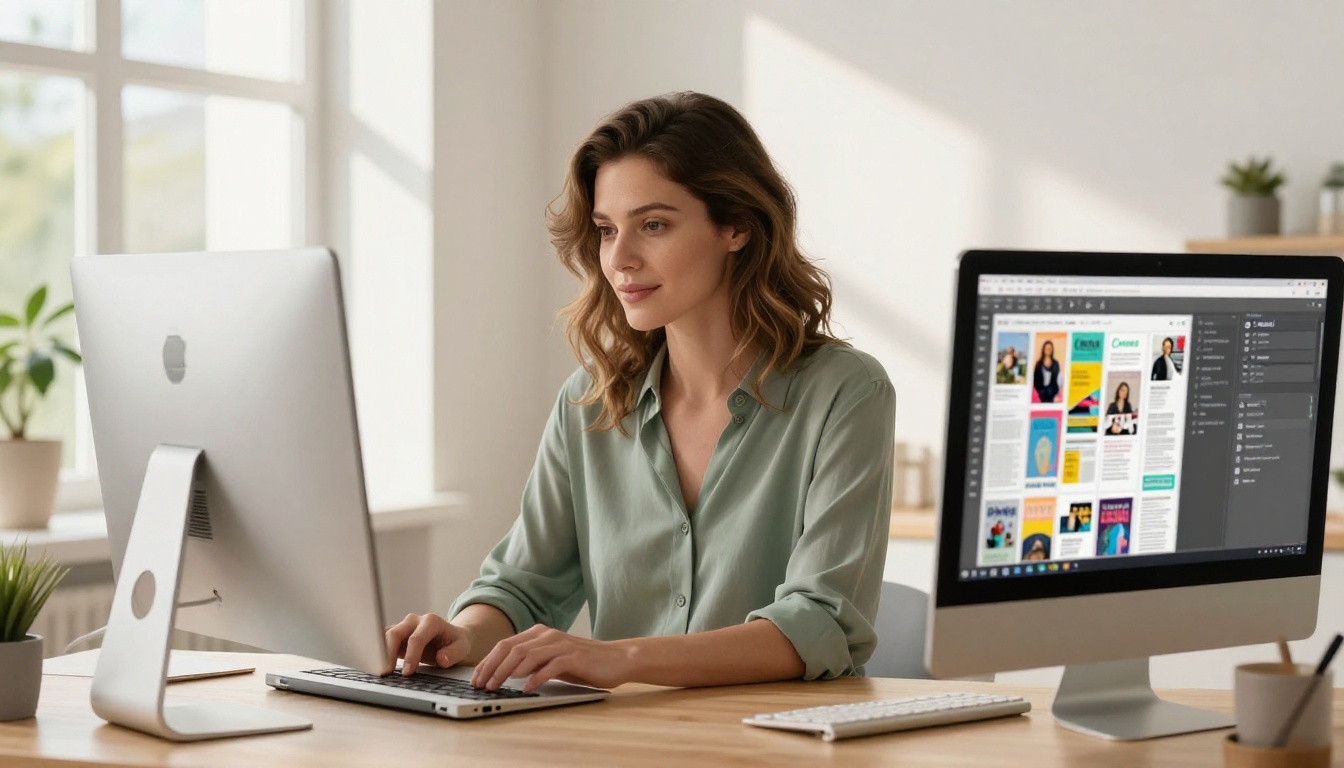 Woman designing in Canva on an iMac in a bright home office Woman designing in Canva on an iMac in a bright home office