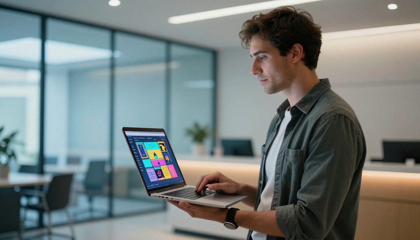 Professional man presenting a flipbook on a laptop in an office lobby Professional man presenting a flipbook on a laptop in an office lobby