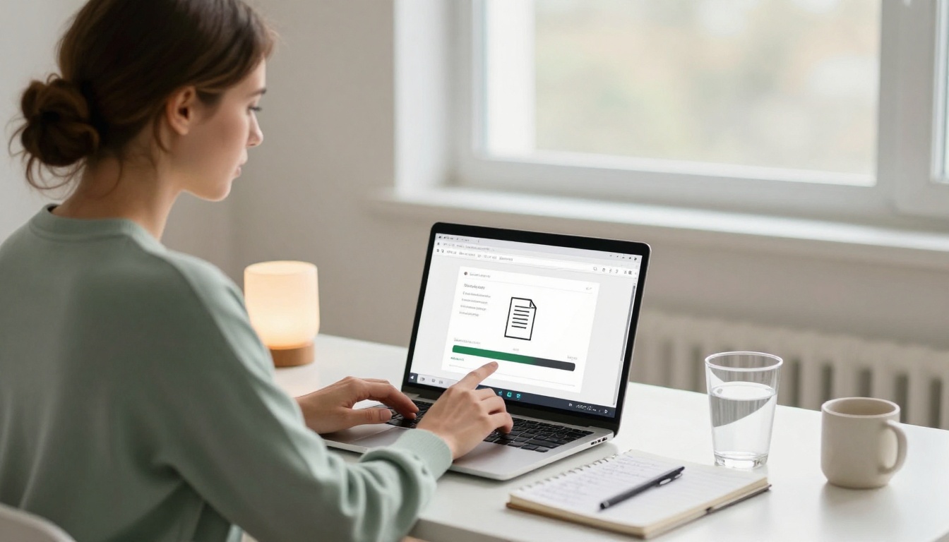 Woman uploading a PDF file to a website on her laptop at a minimalist white desk