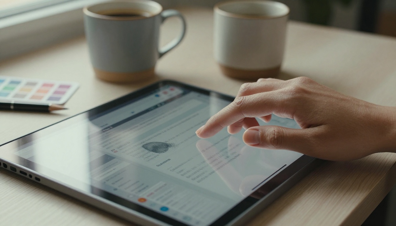 Close-up of hands customizing a digital document on a touchscreen tablet