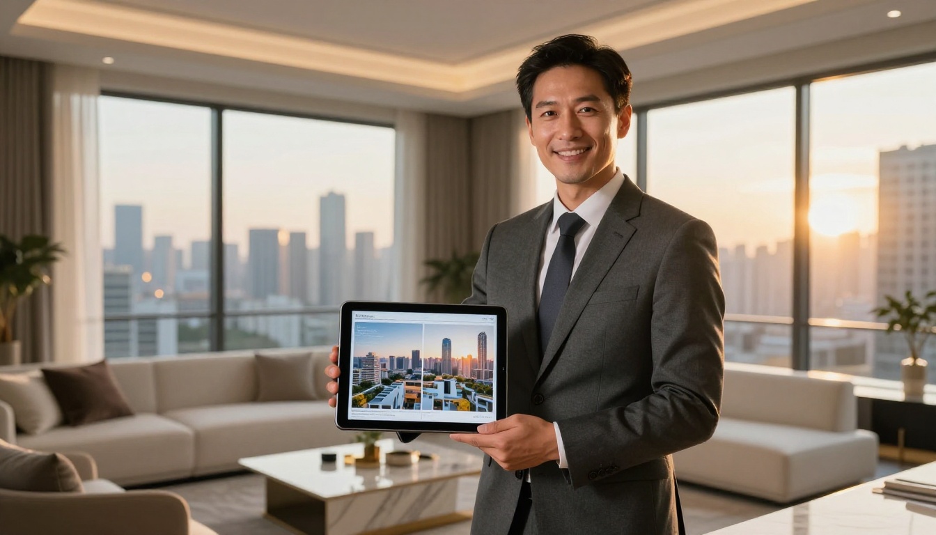 Real estate agent showing a property brochure flipbook on tablet in a luxury apartment