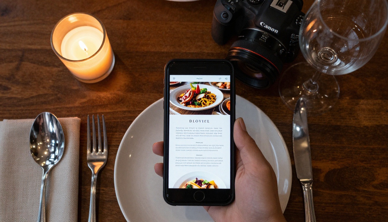 Restaurant menu displayed on a smartphone at an elegant dining table setting