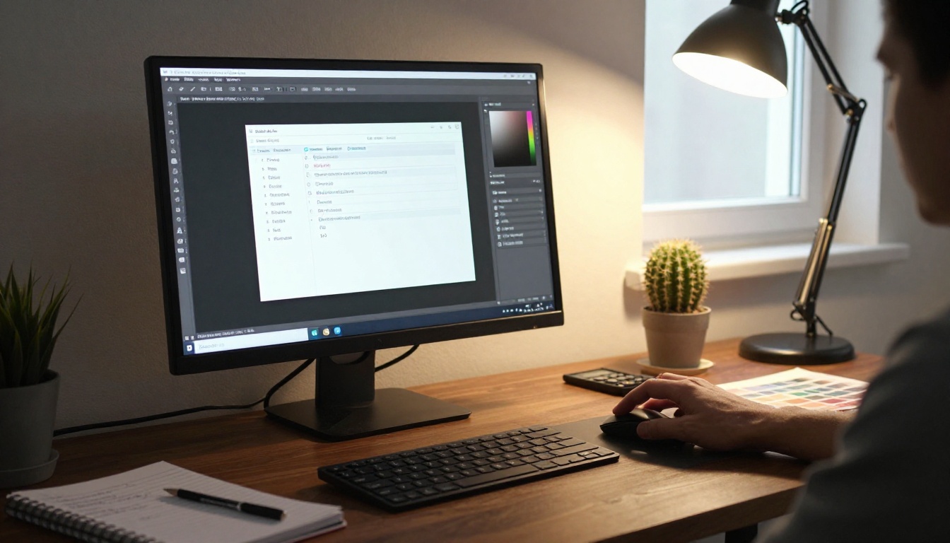Designer at workstation with PDF export dialog open